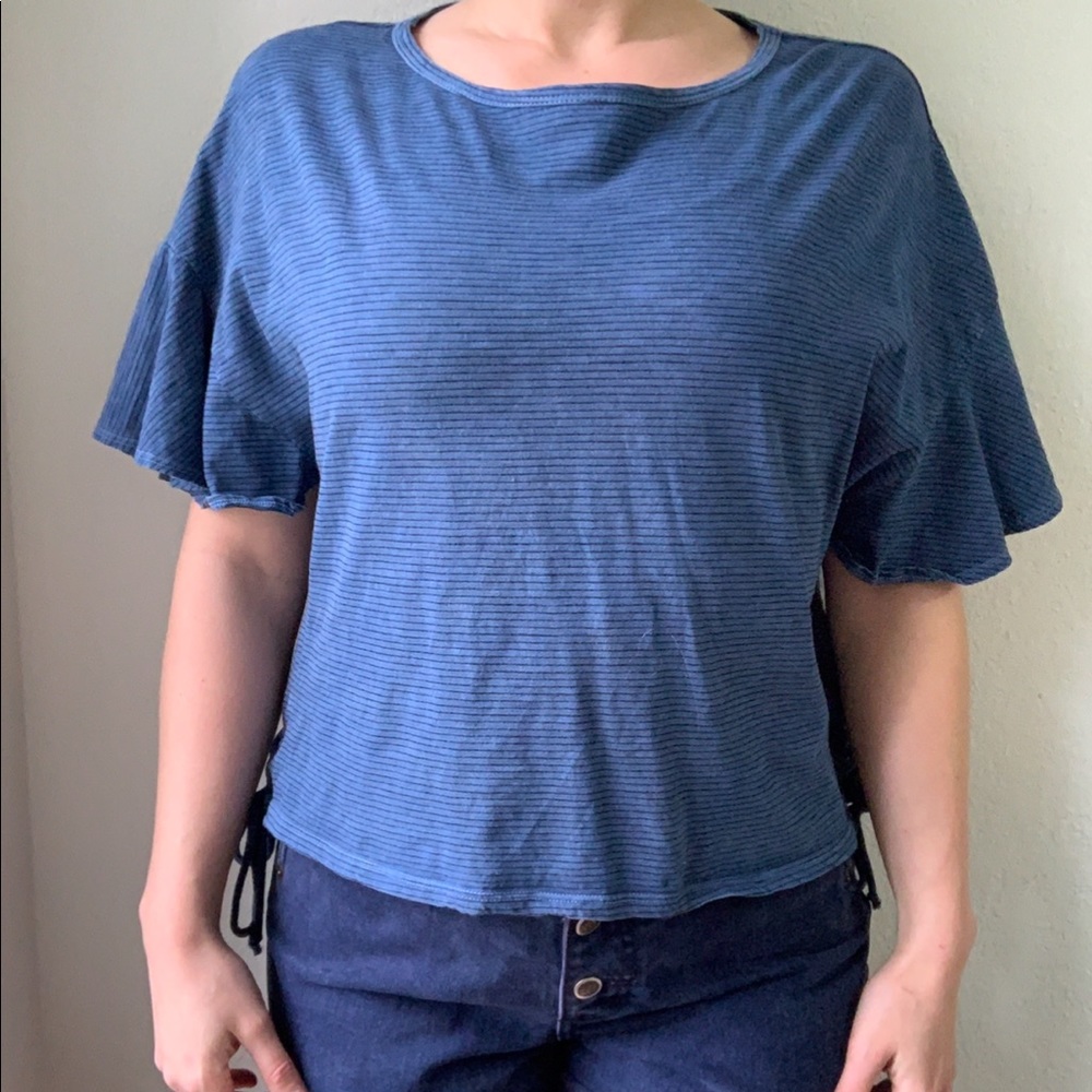 Lucky Brand Blue Striped Crop Short Sleeve Top - Picture 4 of 4
